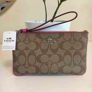 Coach Signature PVC Large Wristlet (Khaki/Magenta)